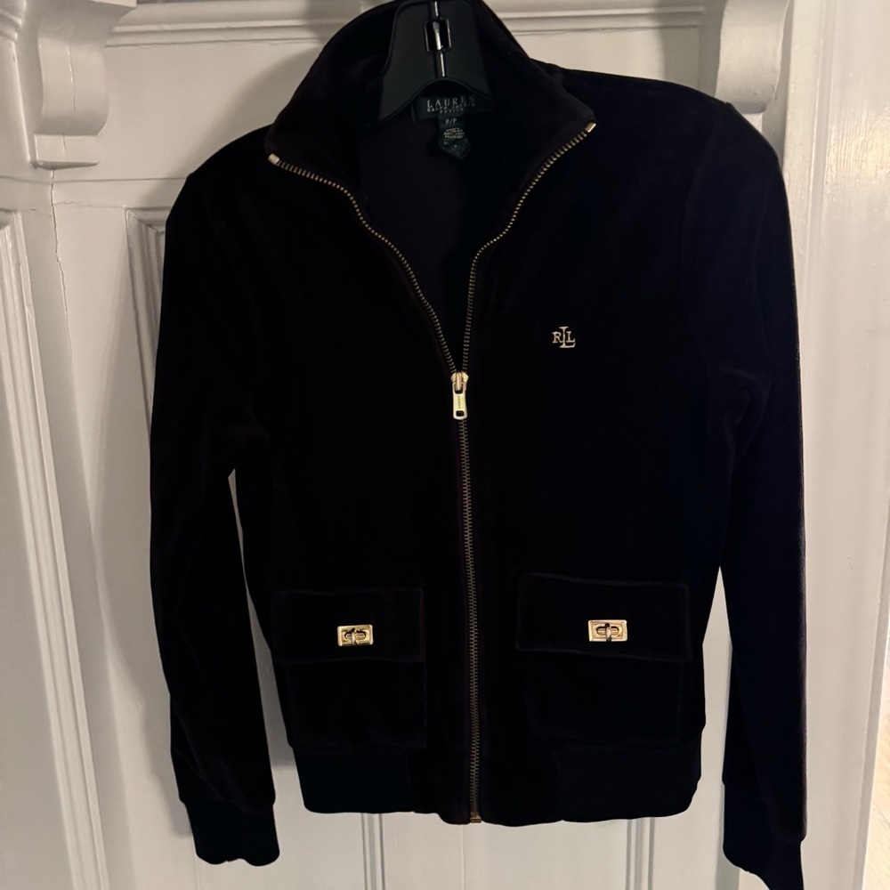 LAUREN RALPH LAUREN Black Gold Tone Hdwr Women’s Velvet Jacket Size PP Petite - Picture 10 of 10